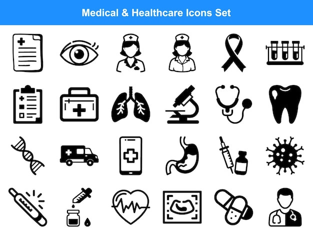 Medizinisches und Gesundheitswesen Glyph-Ikonensatz Gesundheitsmedizin Ärzte Geräte und biologische Elemente