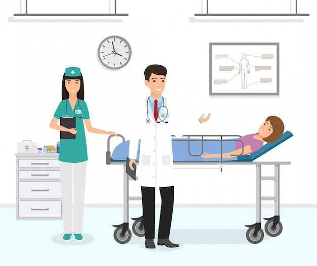 Medizinsituation mit Patient auf medizinischer Couch mit Arzt und Krankenschwester.