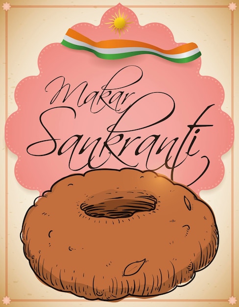 Vektor medu oder donut mit zeichen und band als indienflagge mit sonne und lotusblumen für makar sankranti