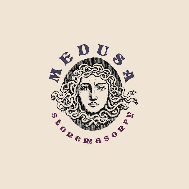 Vektor medusa-steinmauerwerk-logo, alte retro-vintage-illustration, poster-vorlage, design-vektorelemente