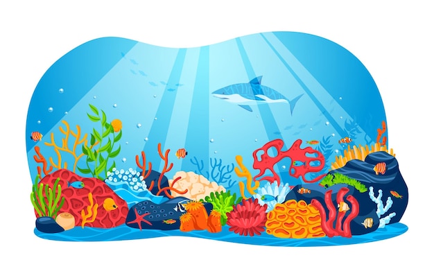 Meer natur meeresozean tropische unterwasserwelt vektor-illustration fisch im sommer wasserhai