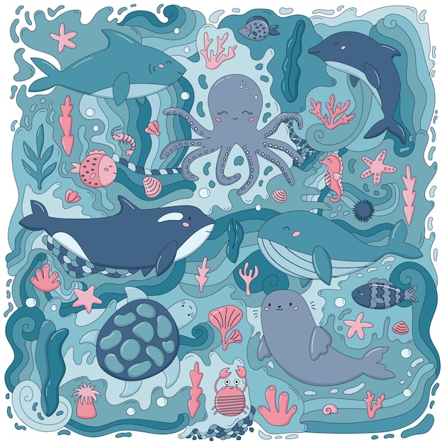 Meeres- und meerestiere konzeptkunst handgezeichnete doodle-fische oktopus delphin schildkröte hai wal und robbe zeichentrickfiguren meereslebewesen vektor-illustration