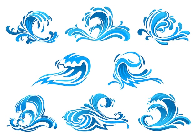 Meeres- und meereswellensymbole mit blauen wasserwirbeln, brandung, spritzern und fließenden tropfen. verwendung als naturemblem, ökologiesymbol, sommerurlaub oder reisedesign