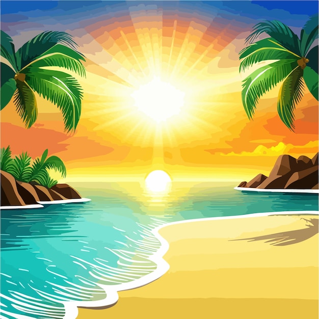 Vektor meeresbild sommer tropischer strand mit goldenen sandpalmenzweigen vektorillustration