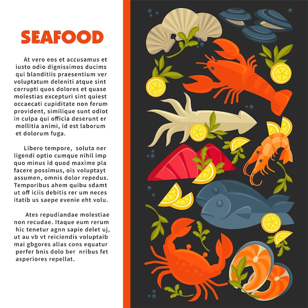 Meeresfrüchte, fisch und hummer, krabben und garnelen, tintenfisch und lachs