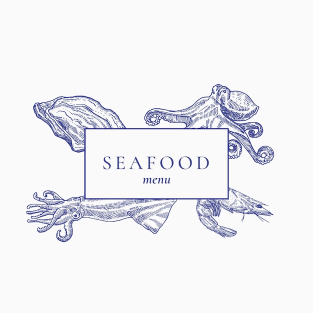Meeresfrüchte-menü in premium-qualität abstraktes vektorzeichen-emblem oder deckblatt handgezeichnete austern-oktopus-garnelen und tintenfisch mit rahmen und retro-typografie