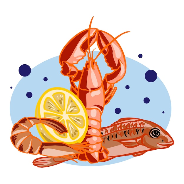 Meeresfrüchte-vektor-meeresfisch-schalentiere und hummer im fischmarkt-illustrations-fischereisatz von lachsgarnelen