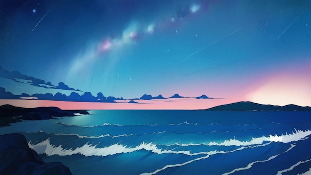 Meereslandschaft mit schönen sternen am nachthimmel handgezeichnete malerei illustration