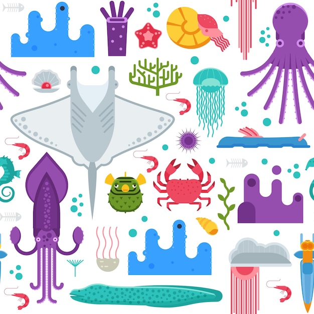 Meereslebensmuster mit verschiedenen Meerestieren. Unterwasserlebewesen, Vektor nahtloser Hintergrund mit Meeresbewohnern und exotischen Fischen in flachem Design. Mantarochen-Tintenfisch-Krabben-Oktopus-Schale