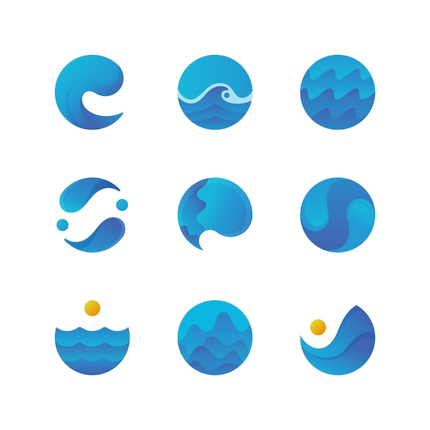 Meeresoberfläche, meereswellen-logos. isolierte vektor festgelegt