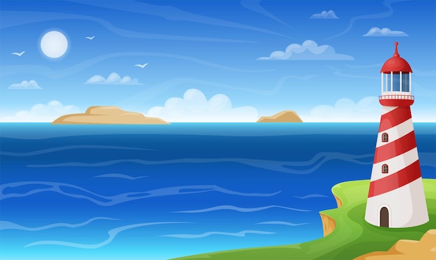 Meeresstrand Leuchtturm auf Klippeinsel Sommer Meereslandschaft Ozeanlandschaft Schifffahrt Meereswellen malerische Küstenlinie Naturlandschaft Vektorillustration ordentlicher Hintergrund