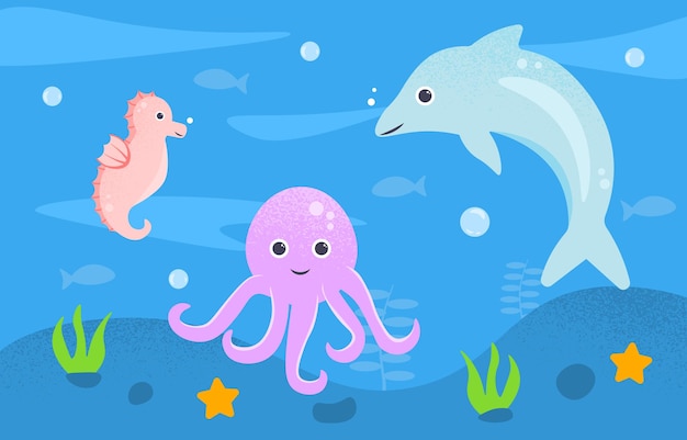 Meerestiere Konzept Oktopus und Hai unter Wasser in der Nähe von Riffen und Korralen Tierwelt und Fauna