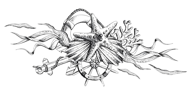 Meerestiere mit ankerruder und rettungsring illustration des handgezeichneten grafikvektors im eps-format komposition isoliert auf weißem hintergrund