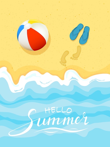 Meereswelle an einem Sandstrand mit Flip-Flops und farbenfroher Ballbeschriftung Hello Summer Illustration