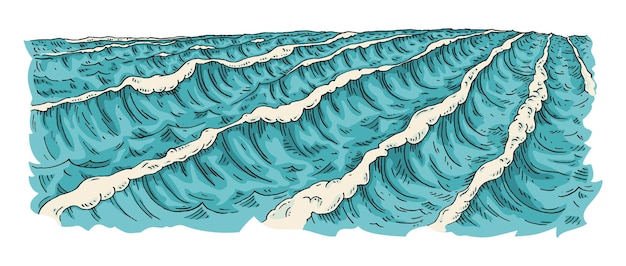 Meereswellen vintage-vektor-gravur-farbillustration isoliert auf weißem hintergrund handgezeichnete schraffur