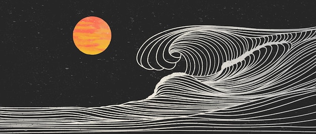 Meereswellenlandschaft kreativer minimalistischer moderner linienkunstdruck abstrakte zeitgenössische ästhetische hintergrundlandschaften mit wellen- und sonnenuntergangsvektorillustrationen der ozeanmeer-skyline