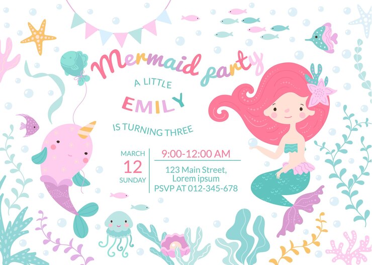Vektor meerjungfrau-geburtstagsfeier für baby-poster-vorlage cartoon süße mädchen laden meeresfische und unterwasser-märchenweltelemente ein kleine prinzessin heutzutage vektorhintergrund