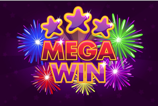 Mega big win banner für lotterie- oder casinospiele. farbige sterne schießen