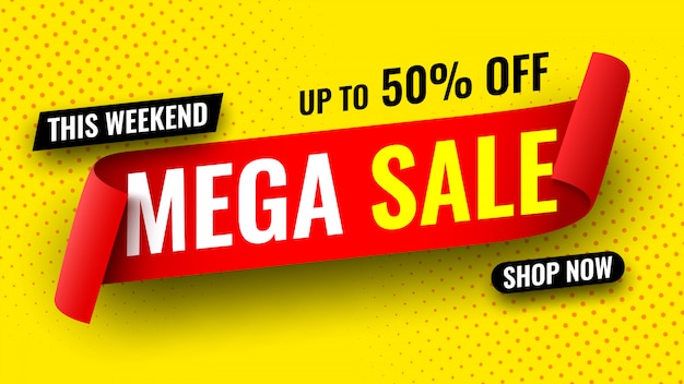 Mega Sale Banner mit rotem Band. Illustration.