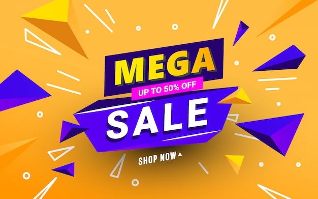 Mega Sale Banner Vorlage mit polygonalen 3D-Formen und Text auf einem orangefarbenen Hintergrund