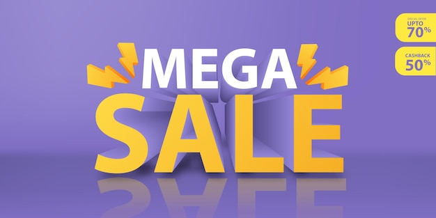 Vektor mega sale konzept 3d mit bis zu 70 prozent rabatt und 50 prozent cashback