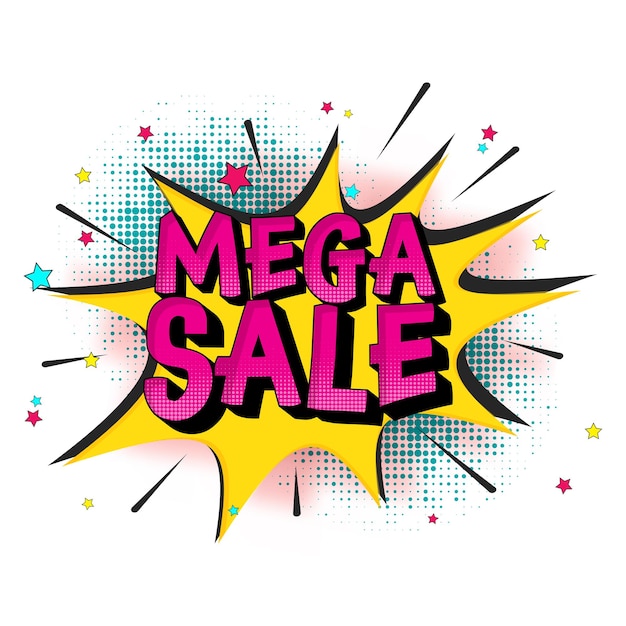 Mega sale schriftart über comic starburst mit halbtoneffekt auf weißem hintergrund.