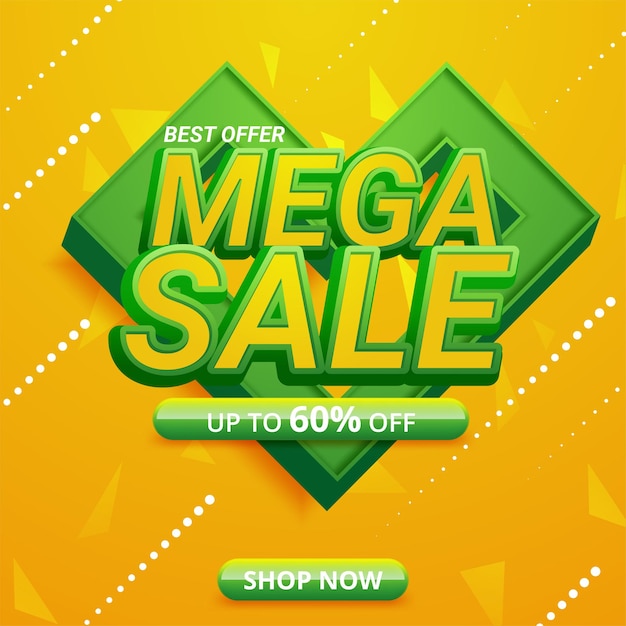 Mega Sale Sign Shape Banner Design mit grünem und gelbem Farbhintergrund