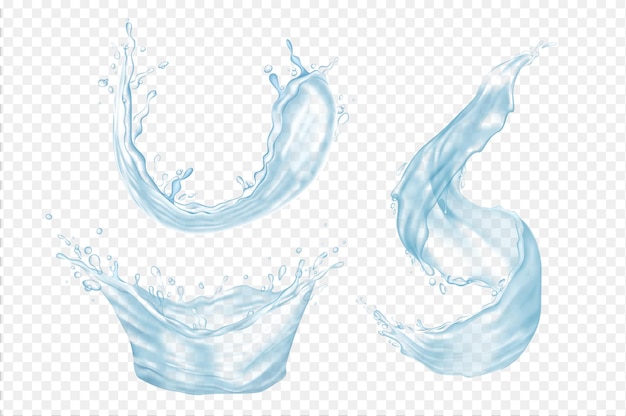 Mega-Set aus Wasserspritzern in realistischem 3D-Design. Bündelelemente aus blauen flüssigen Flüssigkeiten mit Tropfen in der Krone oder wirbelnden Formen auf transparentem Hintergrund. Vektorillustration isolierter grafischer Objekte