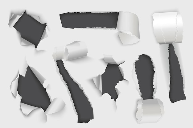 Mega-Set aus zerrissenen Papieren in realistischem 3D-Design. Bündeln Sie Elemente verschiedener Arten von leuchtend bunten, zerrissenen Notizbuchseiten und Streifen mit ausgefransten Kanten. Vektorillustration isolierter grafischer Objekte