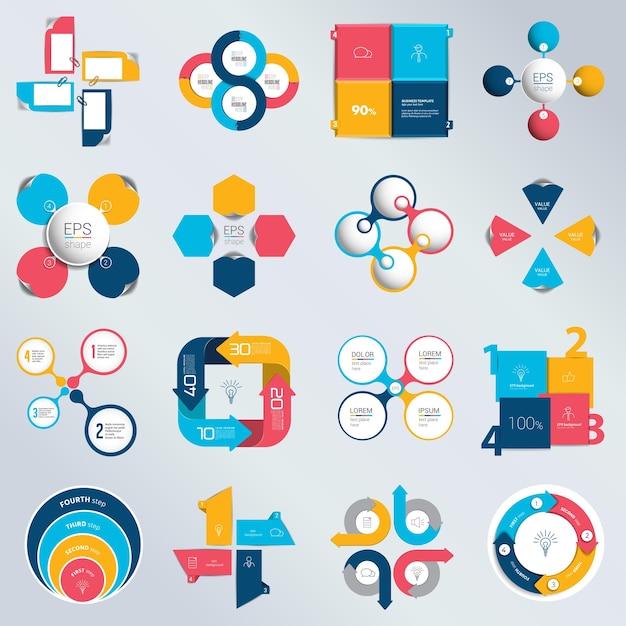 Mega-Set von Geschäftskonzept mit 4 Optionen Schritte verarbeitet Infografik-Diagramm-Diagramm-Schema-Präsentation und Runddiagramm