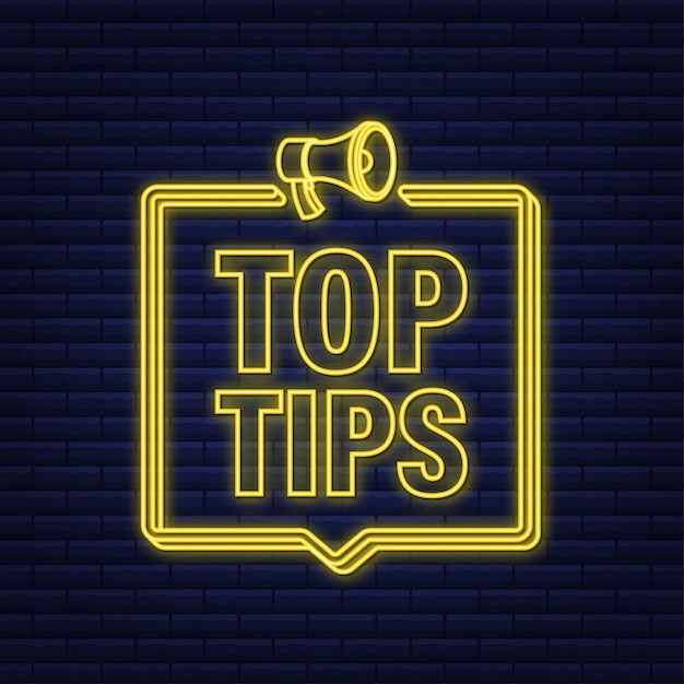 Megaphon-banner - top-tipps. neon-symbol. vektor-illustration.