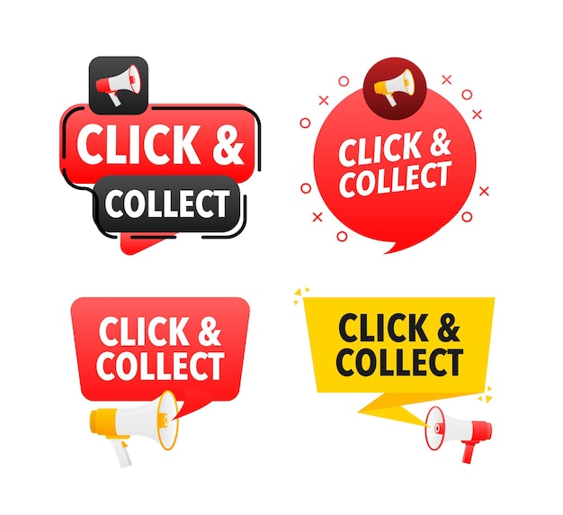 Megaphon-etikettenset mit text click and collect ankündigungsbanner click and collect