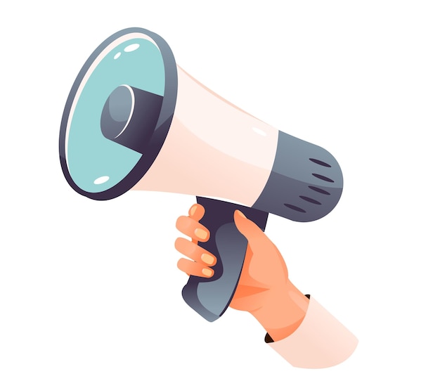 Megaphon in der Hand halten. Lautsprecher, Social Media, Werbung und Verkaufsförderung. Vektor-Illustration