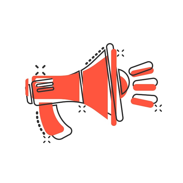 Megaphon-Lautsprecher-Symbol im Comic-Stil Bullhorn Audio-Ansage Vektor Cartoon Illustration Piktogramm Splash-Effekt
