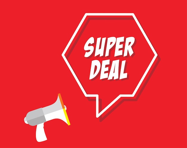 Megaphone-banner mit chat-bubble super deal-design-vektorillustration, isoliert auf rotem hintergrund