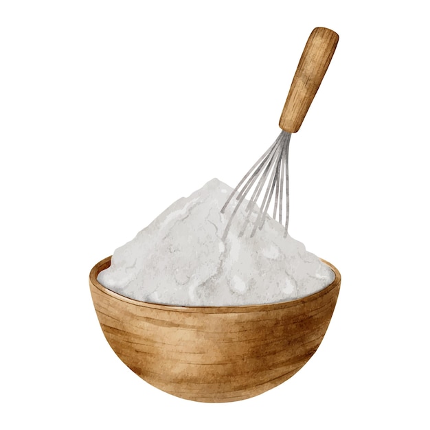 Mehl in einer hölzernen Schüssel und Schlägerei Bäckerei Teigvorbereitung Isolierte Aquarell-Illustration von Backing-Zutaten Kulinarische Clipart für Rezeptbücher Lebensmittelblog Design von Etiketten Verpackung von guten
