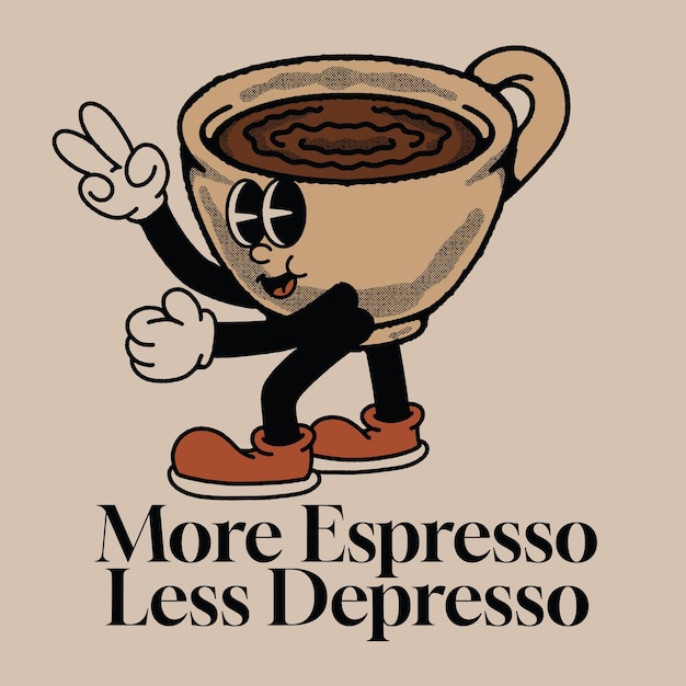 Mehr espresso, weniger depresso mit kaffeefreudigem charakterdesign