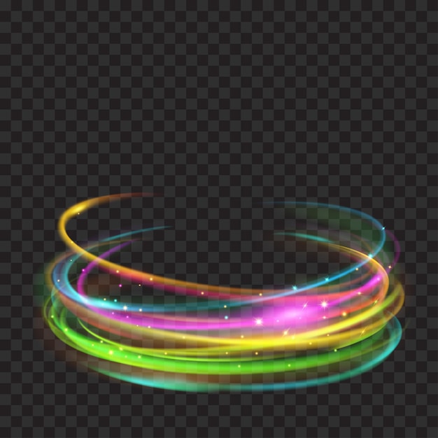 Mehrfarbig leuchtende feuerringe mit glitzer auf transparentem hintergrund lichteffekte