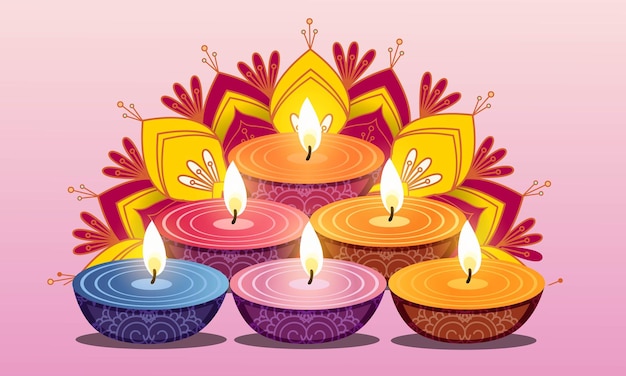 Mehrfarbige beleuchtete öllampen diya auf wunderschönem blumen-rangoli-dekor-hintergrund diwali-karte oder poster-design