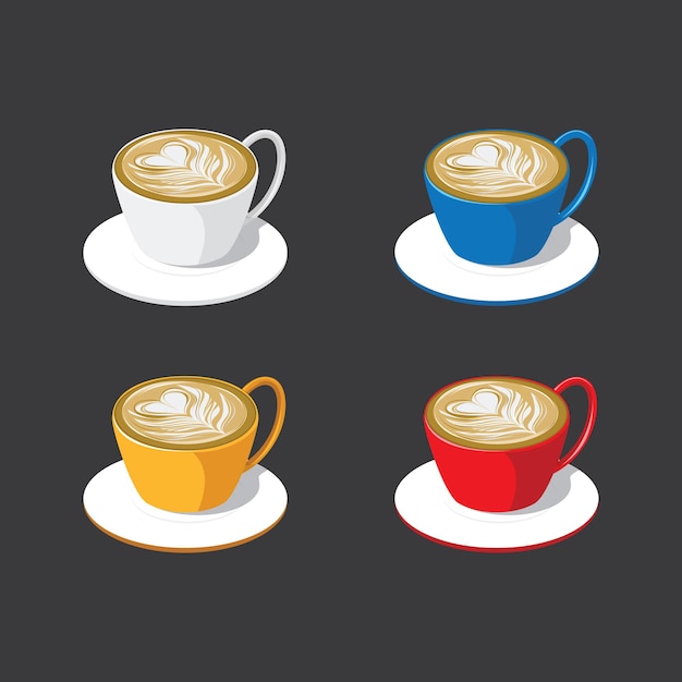 Vektor mehrfarbige cappuccino-kaffeetassen auf schwarzem hintergrund
