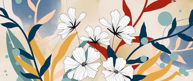 Mehrfarbige helle botanische illustration mit weißen blumen und farbigen zweigen und blättern für dekor bedeckt hintergrundtapeten