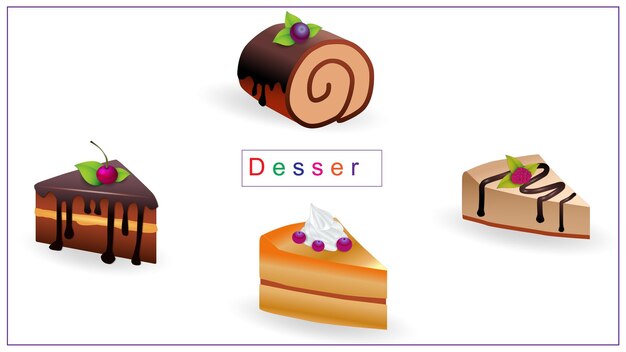 Vektor mehrfarbige süße desserts. essen, süße sahne, kuchen, gebäck.