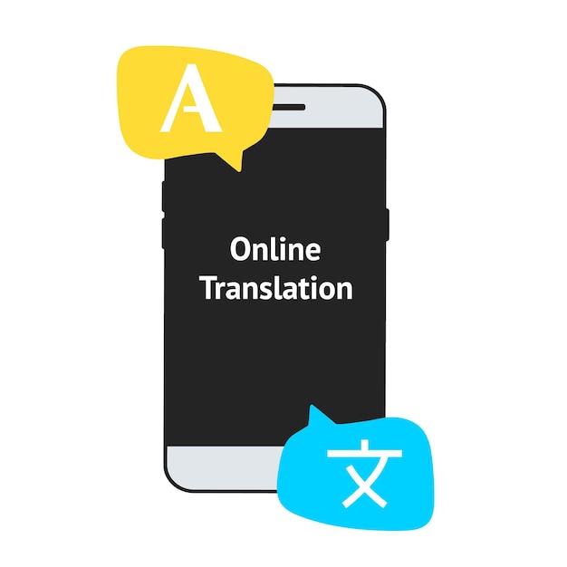 Mehrsprachiger online-übersetzer, vektorillustration. smartphone mit übersetzungs-app-symbol auf dem bildschirm. online-lernen von fremdsprachen. übersetzer-app. online-übersetzer im handy.