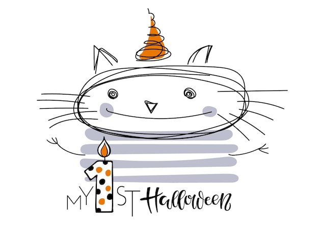 Vektor mein 1. halloween-schriftzugzeichen auf weißem hintergrund. lineare katze mit festlicher mütze, festzitat