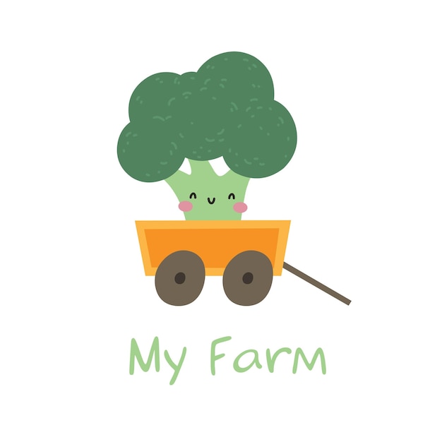 Meine farm niedliche vektorillustration mit wagen und fröhlichem brokkoli kinderdruck