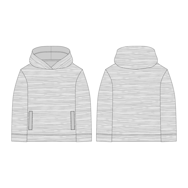 Melange stoff hoodie. technische zeichnung kinderkleidung. technische skizze hoody für männer. technisches design. sportbekleidung, uniformkleidung. vektormodeillustration.
