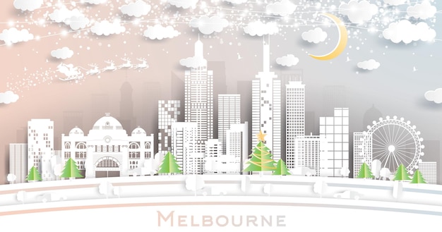 Melbourne australia city skyline im papierschnitt-stil mit schneeflocken-mond und neon-girlande