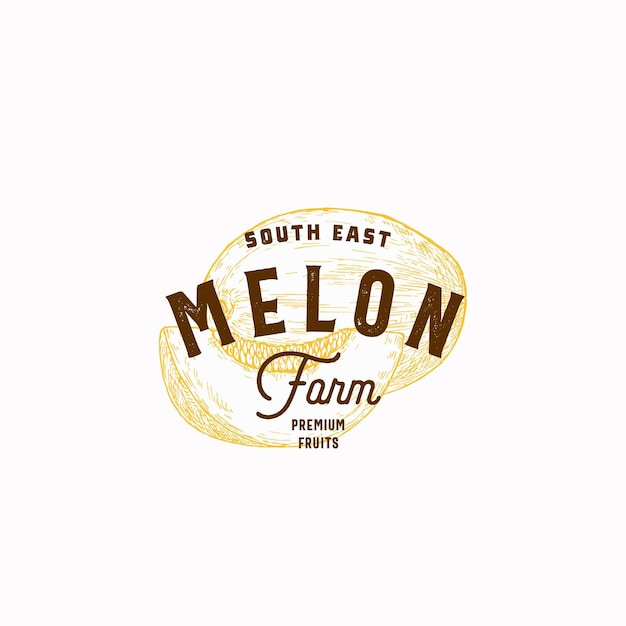 Melon farm abstract vector sign symbol oder logo template handgezeichnete melone und scheibe mit premium-vintage-typografie stilvolles, edles vektor-emblem-konzept