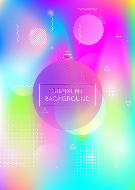 Memphis-Gradientenhintergrund mit flüssigen Formen. Dynamisches holographisches Fluid mit Bauhaus-Elementen. Grafikvorlage für Buch, jährliche, mobile Schnittstelle, Web-App. Heller Memphis-Gradient.