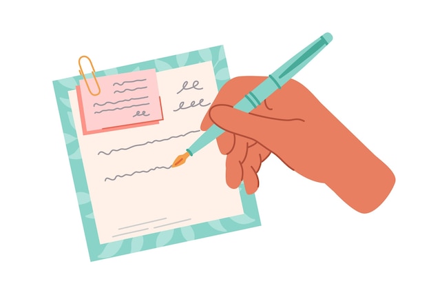 Mensch schreibt einen Brief mit der Hand, unterschreibt Postkarten, überträgt Nachrichten, kommuniziert Konzepte, isolierte Vektorillustration.
